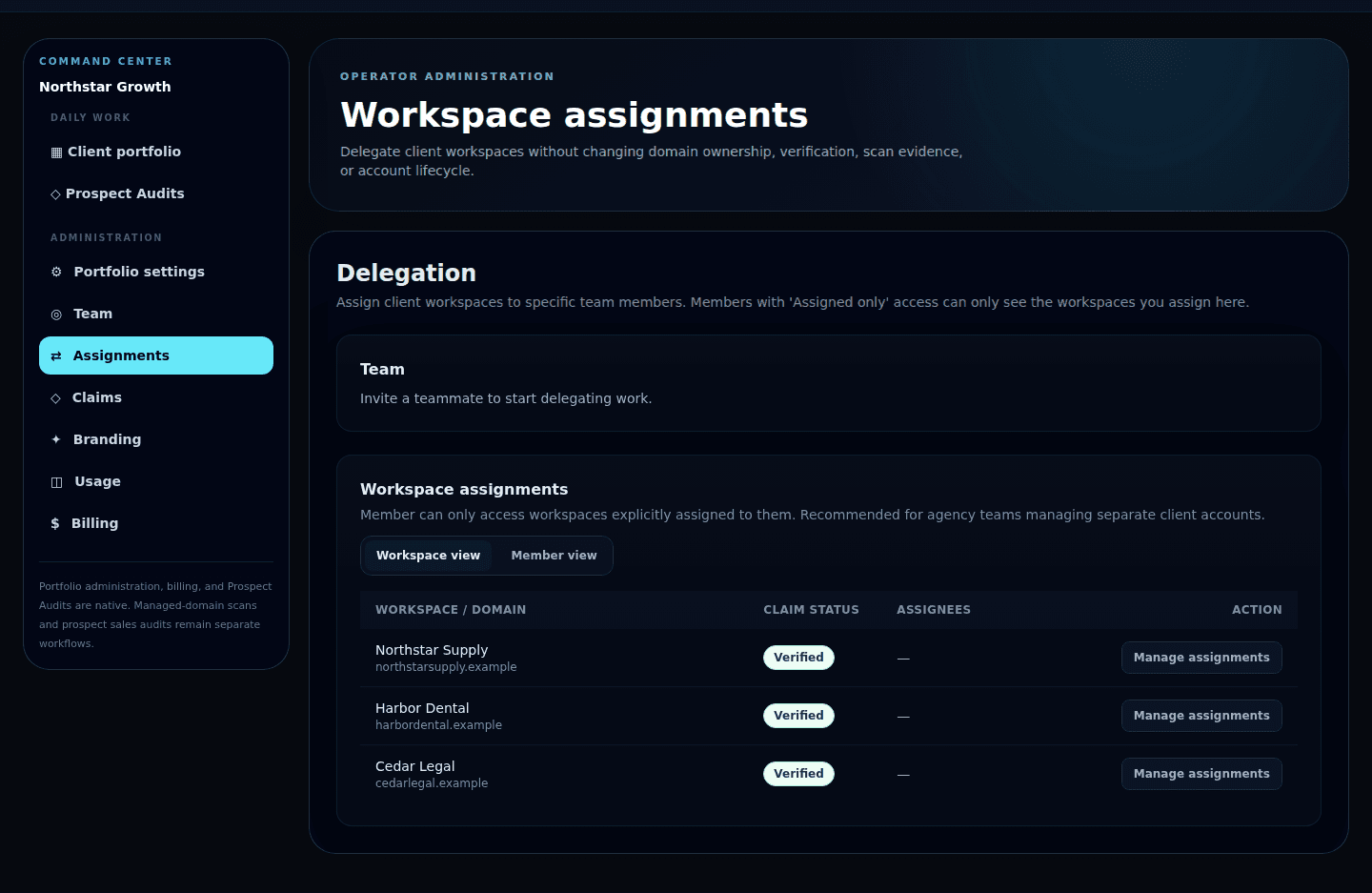 Gemmetric workspace assignments showing verified synthetic client domains
