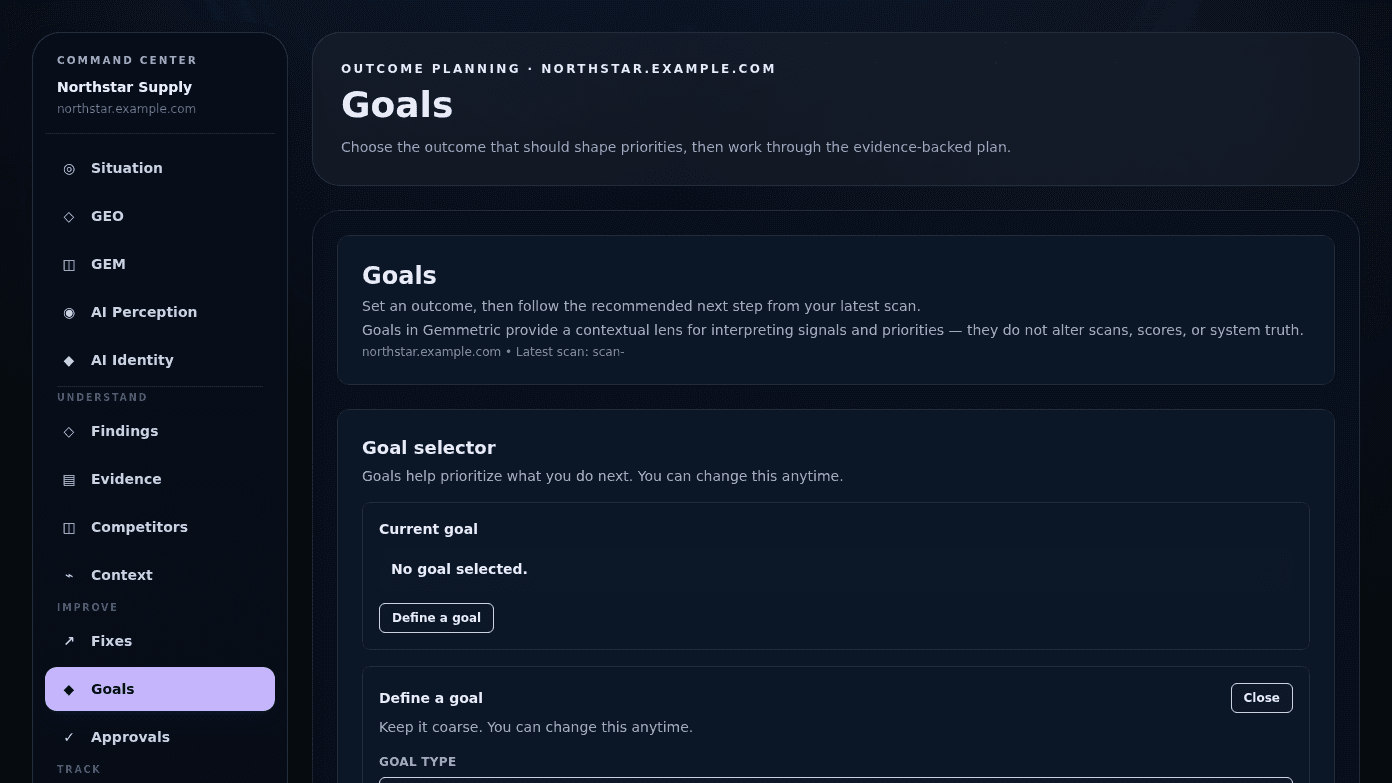 Gemmetric Goals workspace for selecting an evidence-backed business outcome