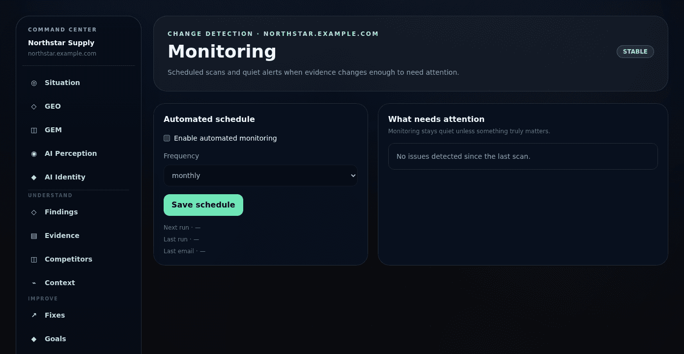 Gemmetric Monitoring workspace showing scheduled scans and an evidence-change alert