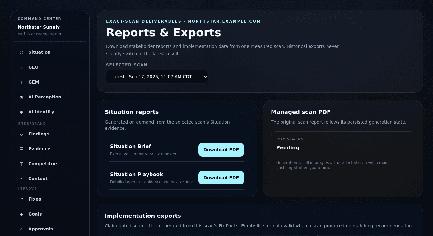 Gemmetric Reports and Exports workspace with Situation Brief, playbook, and implementation downloads