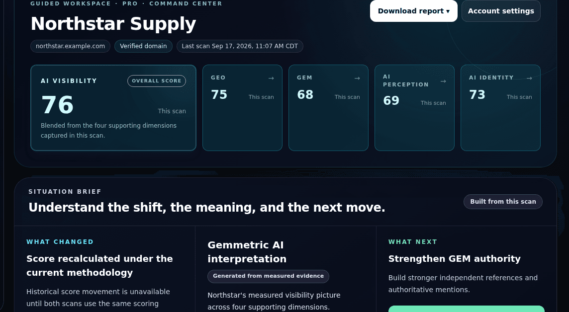 Gemmetric Situation workspace showing Northstar Supply's AI Visibility Score and the GEO, GEM, AI Perception, and AI Identity scores behind it
